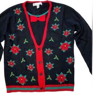 Jolly Sweaters Ugly Christmas Pullover Sweater Black Poinsettia‎ Bow Tie Mens L